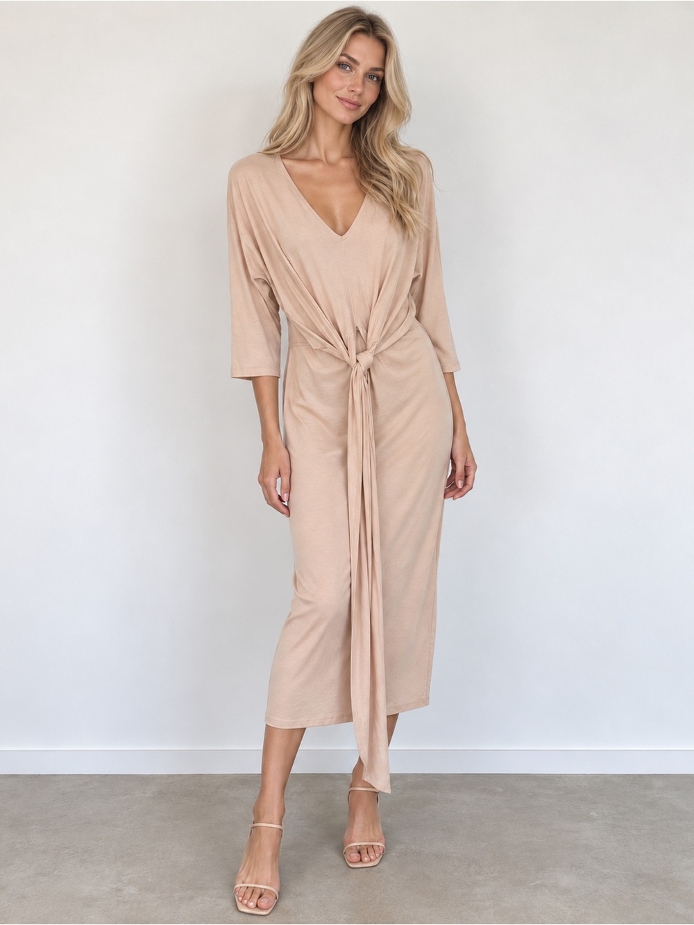 ZARA Basic Nude V-Neck Front Knot Maxi Dress Size S